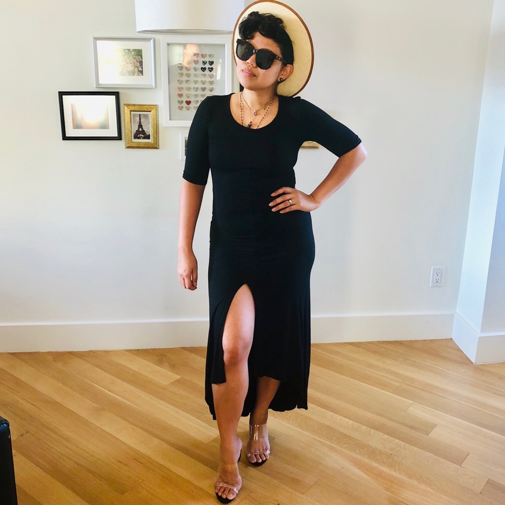 Black Cotton Stretch Dress with Front Slit